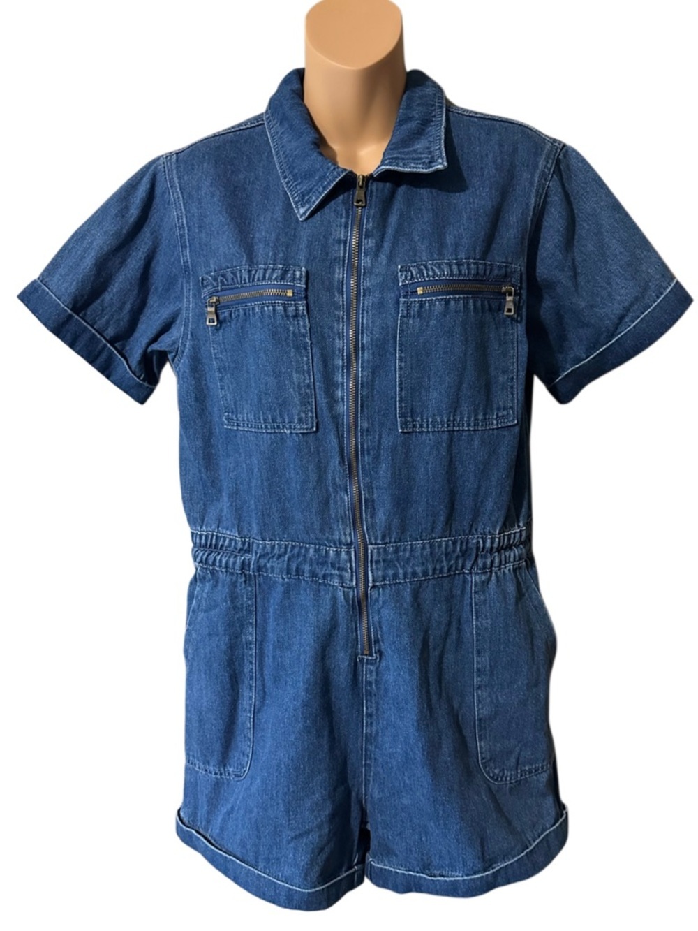 Molly Bracken L Denim Romper Utility Jumpsuit Short Sleeve Full Zip